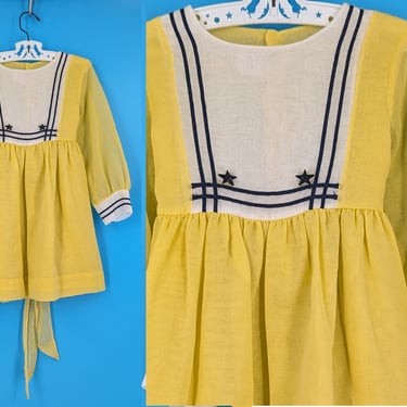 Vintage 70s Girl's Youngland Size 6 Yellow Long Sleeve Nautical Dress 