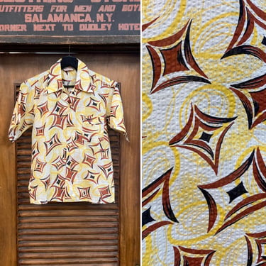 Vintage 1950’s -Deadstock- Atomic Pattern Cotton Seersucker Loop Collar Short Sleeve Rockabilly Shirt, Youth Size, 50’s Vintage Clothing 