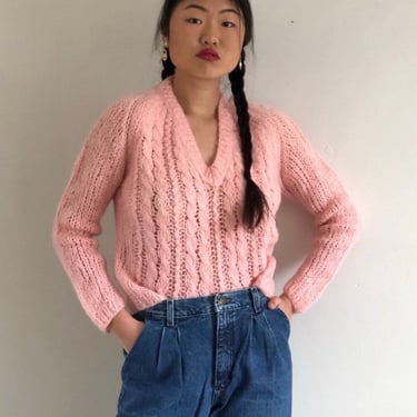 60s handknit mohair sweater / vintage blush pink cropped mohair cable knit hand knit sweater Italy | S 