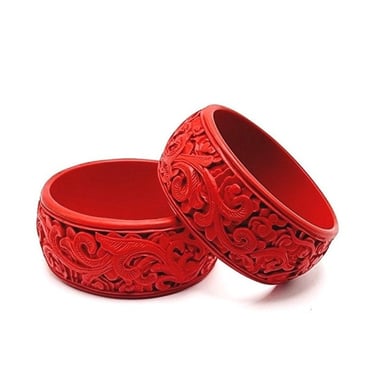 Vintage Cinnabar Bangles Red Carved Chinese Bracelets 