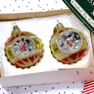 VINTAGE: 2pcs - European Hand Blown Indent Glass Ornaments in Box - Christmas Decor - Ornament - Holiday 
