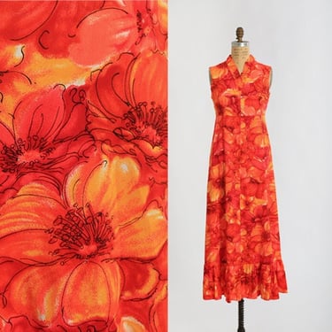 70s Neon orange floral ruffle maxi dress 