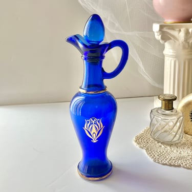 Cobalt Blue Glass Perfume Bottle, Cruet, Cork Stopper, Avon, Glass Collectible, Mid Century Vintage 