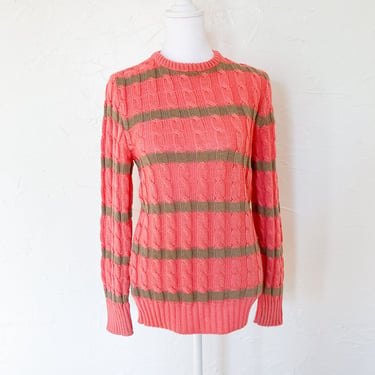 80s Designer Oscar de la Renta Coral Pink and Tan Striped Cable Knit Pullover Sweater | Medium/Large 