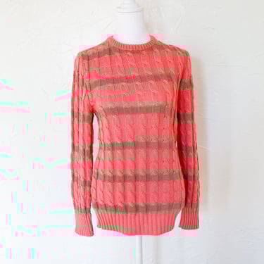 80s Designer Oscar de la Renta Coral Pink and Tan Striped Cable Knit Pullover Sweater | Medium/Large 