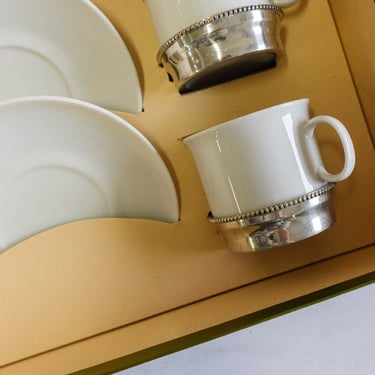 vintage Christofle silver & porcelain boxed demitasse cup set