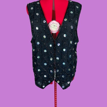 Vintage Black Silk Sparkly Sequined Beaded Vest 80s XL Gift 