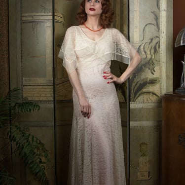 1930s Dress - Gorgeous Vintage 30s Sheer Ivory Lace Wedding Dress in Cotton Tambour Lace with Cross Collar Detail 