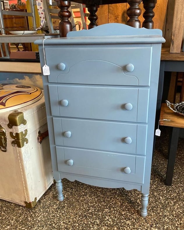 Blue painted 4 drawer chest.  21” x 15.5” x 35”