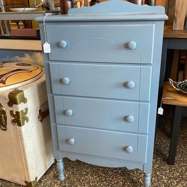 Blue painted 4 drawer chest.  21” x 15.5” x 35”