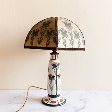 rare 1920s Henri Delcourt art deco ceramic lamp with matching shade