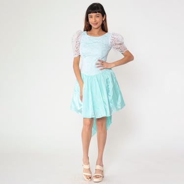80s Lace Taffeta Party Dress Vintage Aqua Blue Mini Formal Puff Sleeve Dress Bow Prom Dress Fit and Flare Prom Drop Waist 1980s Small 6 