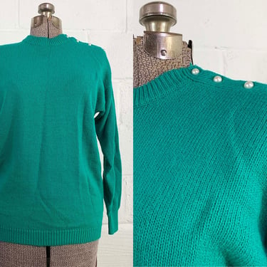 Vintage Green Sweater Shoulder Pearl Buttons Rainbow Ridge Long Sleeve Pullover Jumper 1980s 1990s Medium Large 