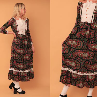 Vintage 1970s Dark Psychedelic Paisley Print Cottagecore Bib Prairie Midi Dress 