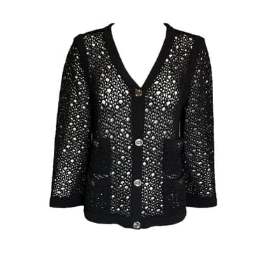 2000s CHANEL Net-Knit Black Cardigan with Logo Buttons