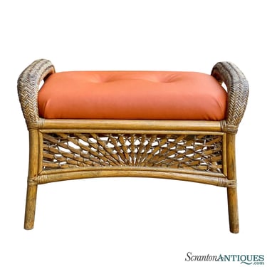 Vintage Boho Coastal Rattan Sculptural Bamboo Orange Footstool Ottoman