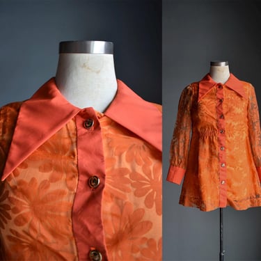 Vintage 1960s Orange Floral Blouse / 60s Bright Orange Tunic Top / Flower Power 60s Top / Vintage 1970s Floral Blouse / Funky True Boho Top 