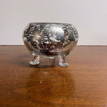 Vintage Viking Glass Flower Frog Bowl with Silver Overlay 