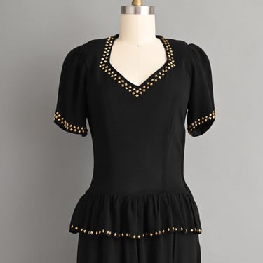 Vintage 1940s Dress | Black Rayon Gold Studded Cocktail Party Dress | Small 