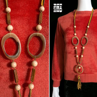 Fabulous Vintage 70s 80s Suede Wood Horn Long Boho Necklace 