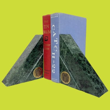 Vintage Stone Bookends Retro 1980s Contemporary + Green Triangular Granite + Official Seal of NJ + Set of 2 + Home Decor + Book Display 