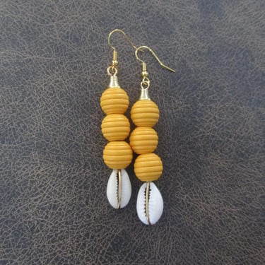Wooden and cowrie shell earrings, yellow 2 