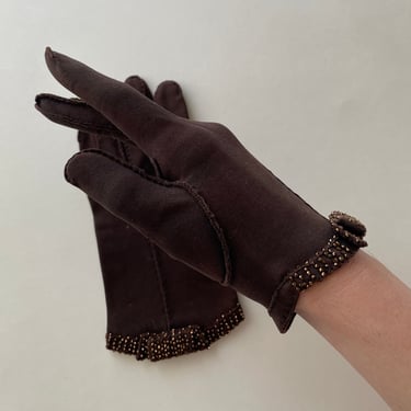 1950s Brown Beaded Suede Gloves | 50s Brown Suede Leather Gloves | Crescendo | 6.5 