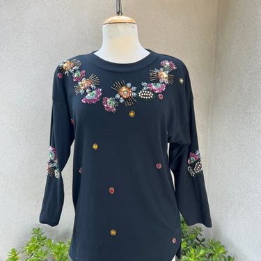 Vintage black tunic top embellishments beads sequins floral size Medium by Eminent 
