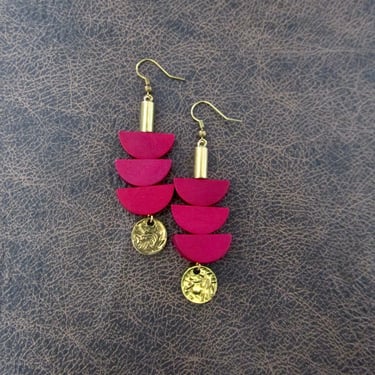 Red wooden earrings, mid century modern earrings, unique pagoda earrings, gold 