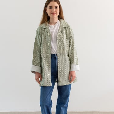 Vintage Green White Striped Shirt Jacket | Stripe Cotton Pajama Chore shirt | L | SJ003 