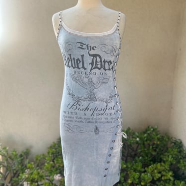 Vintage Y2K bodycon mini dress lace up side blues white “Rebel” Sz M Salvage 