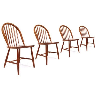 Solid Teak Danish Modern Spindle Back Windsor Dining Chairs by Sun Cabinet 