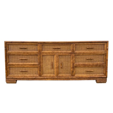 Vintage Hollywood Regency Dresser by American of Martinsville 74" Long with 9 Drawers, Faux Bamboo Wood & Rattan Wicker - Coastal Credenza 