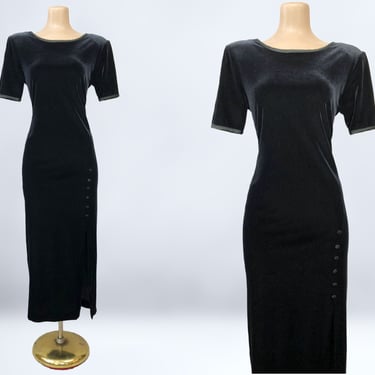 VINTAGE 80s Black and Green Stretch Velvet Wiggle Dress by Nina Piccalino | 80s Curvy Front Slit Bombshell Party Dress | VFG 
