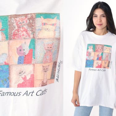 90s Cat Art Shirt Famous Art Graphic Tee Vintage Picasso Renoir Tshirt Retro 1990s Toulouse-Lautrec Artist Tee White Extra Large xl 