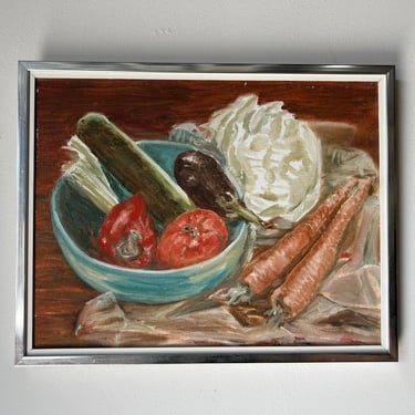 1980's Vintage Still Life With Vegetables Oil on Canvas Painting 