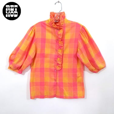 Cute Vintage 70s 80s Pink Orange Plaid Blouse with Ruffle Collar 