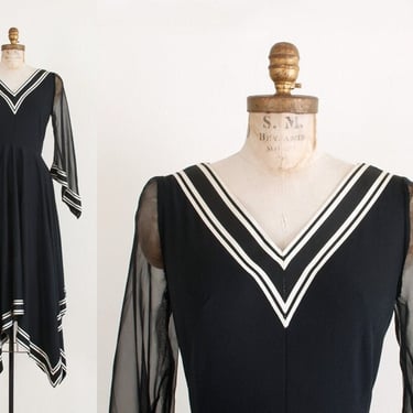 Vintage Chevron V - Neck Black Slim Waist  Chiffon Sleeves Flared Uneven Dress - 1970s 