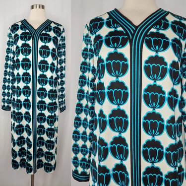 Vintage Seventies Mr. Dino Large Print Long Sleeve Shift Dress - 70s Psychedelic Print Mod Dress 