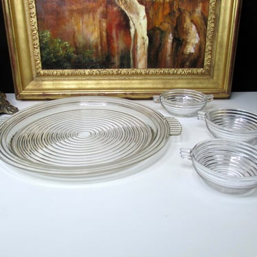 Anchor Hocking Manhattan Berry-Sauce Bowls or Large Sandwich-Relish Tray Depression Glass Ribbed Clear 