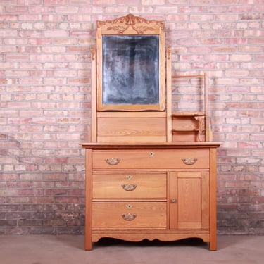 Antique Carved Oak Dresser With Mirror, Circa 1900