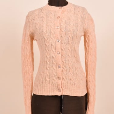 60s Peach Cable Knit Wool Cardigan By Archie Brown & Son, XXS