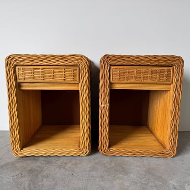 Vintage Coastal Woven Rattan One-Drawer Nightstands - A Pair 