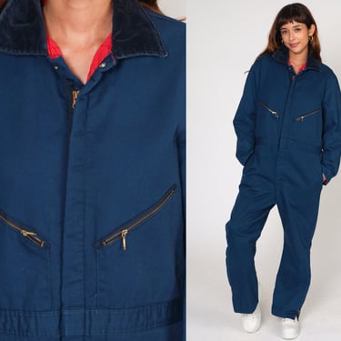 Walls Coveralls 80s Insulated Workwear Boilersuit Quilted Lining Boiler Suit Pants Work Wear Dark Blue Jumpsuit Vintage Men's Large Short 