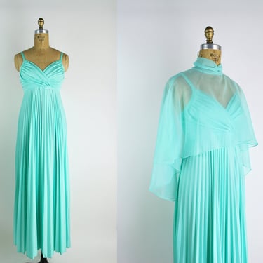 70s Mint Pleated Cape Maxi Dress / Turtleneck cape / Mad Men / 1970s Dress / Disco Maxi Dress / Size XS/S 