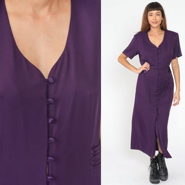 90s Maxi Dress Dark Purple Sleeveless Maxi Button Up Dress Shirtdress V Neck Front Slit 1990s Vintage Sheath Short Sleeve Large L 
