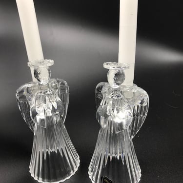 Vintage Pair USA Lead Crystal DePlomb DePlomo Clear Ribbed Glass Angel Candle Holders Halo- 7 1/4