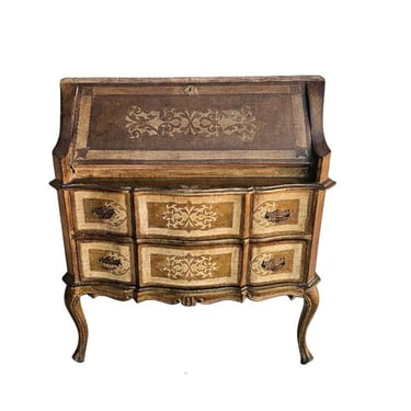 Vintage Italian Florentine Giltwood Drop-front Secretary Desk Chest Of Drawers 