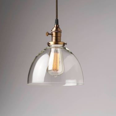 CLEARANCE - 8" Large Glass Dome Pendant Light Fixture Clear Handblown Glass 
