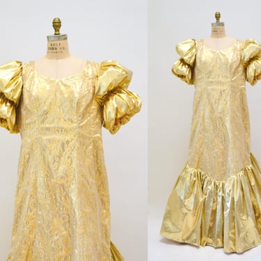Vintage 80s Prom Dress Gold Metallic Dress Evening Gown Large XL// 80s Vintage Gold Drag Queen Pageant Dress Evening Gown Mike Benet Large 